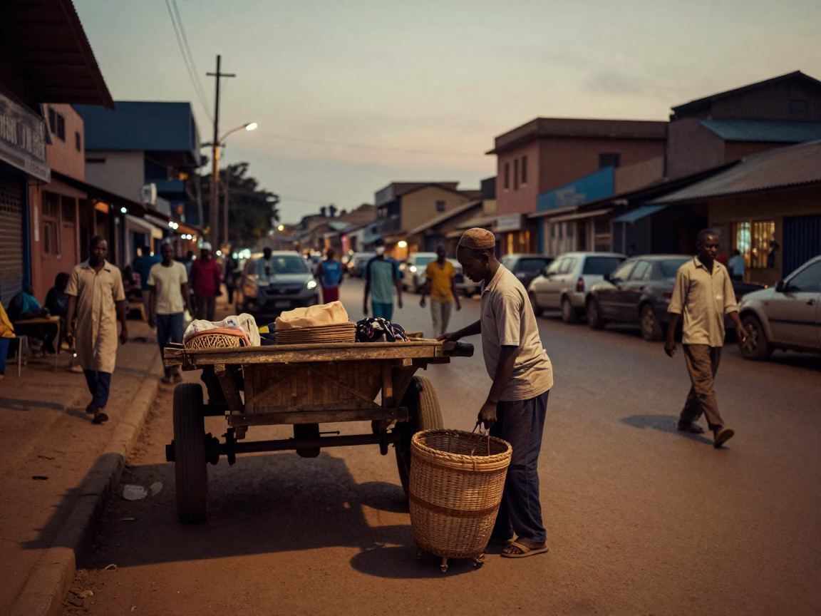Twilight Street Scene in Nairobi Kenya with Wooden Cart and Local Vendors in in Nairobi, Kenya