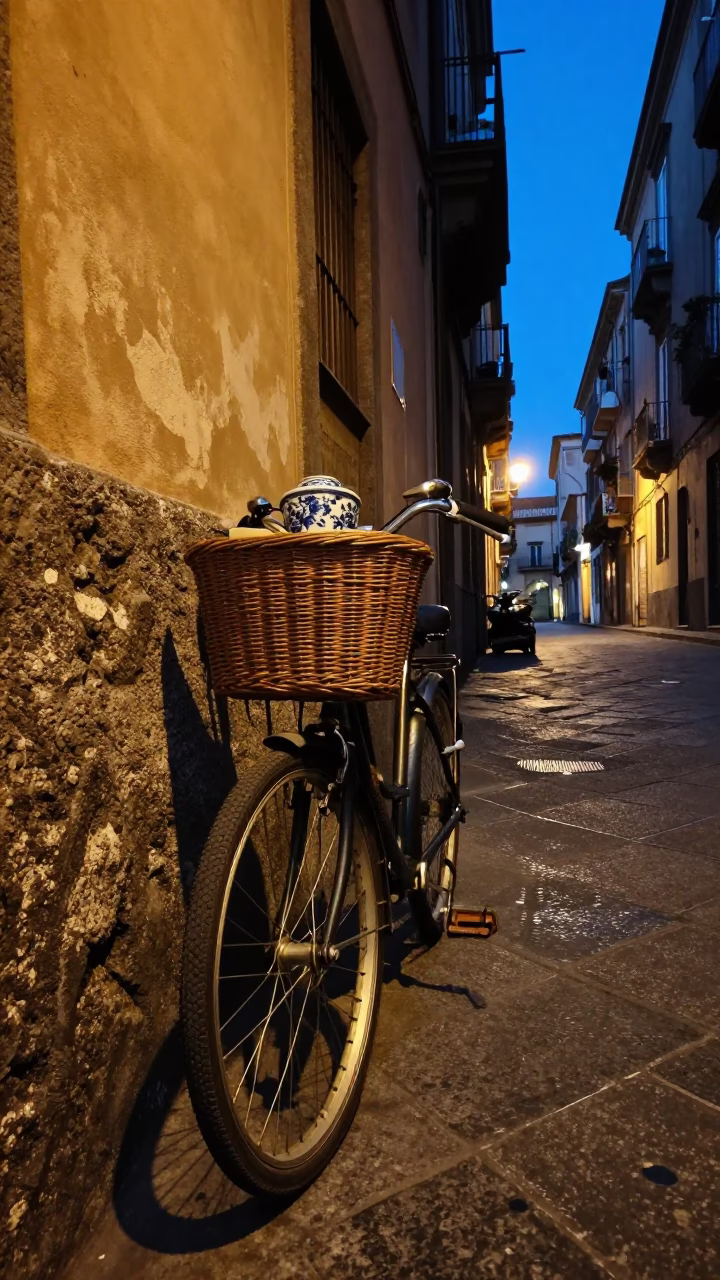 Twilight Street Scene in Naples Italy with Bicycle Basket and Porcelain Jar in in Naples, Italy