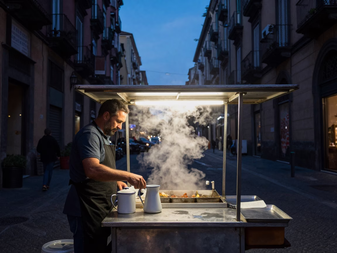 Twilight Street Scene in Naples Italy with Enamel Pitcher and Steam Haze in in Naples, Italy