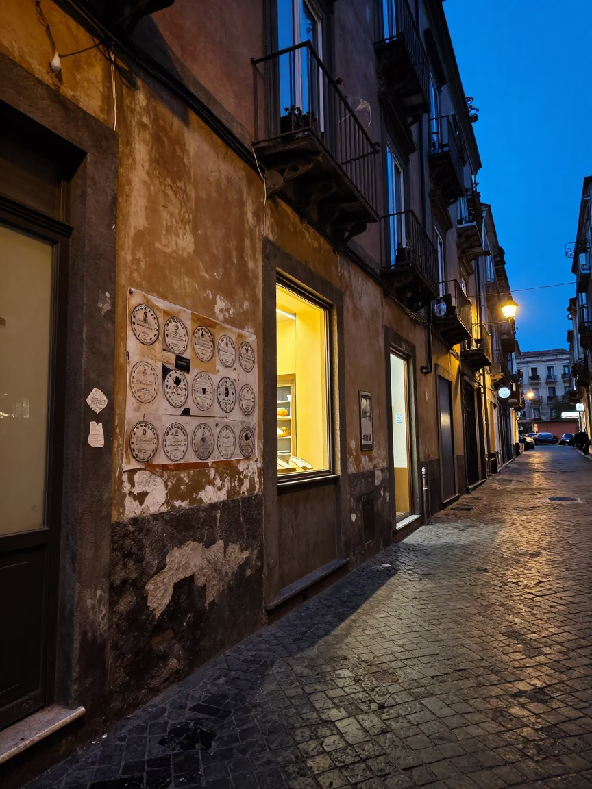 Twilight Street Scene in Naples Italy with Faded Championship Photos and Ginkgo Leaves in in Naples, Italy