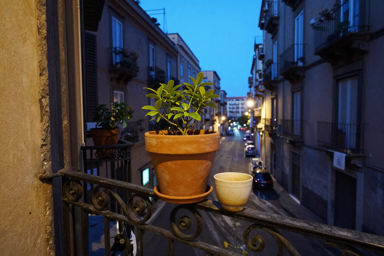 Twilight Street Scene in Naples Italy with Flowerpot and Cup on Balcony in in Naples, Italy