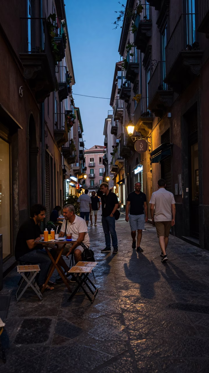 Twilight Street Scene in Naples Italy with Folding Stools and Evening Light in in Naples, Italy