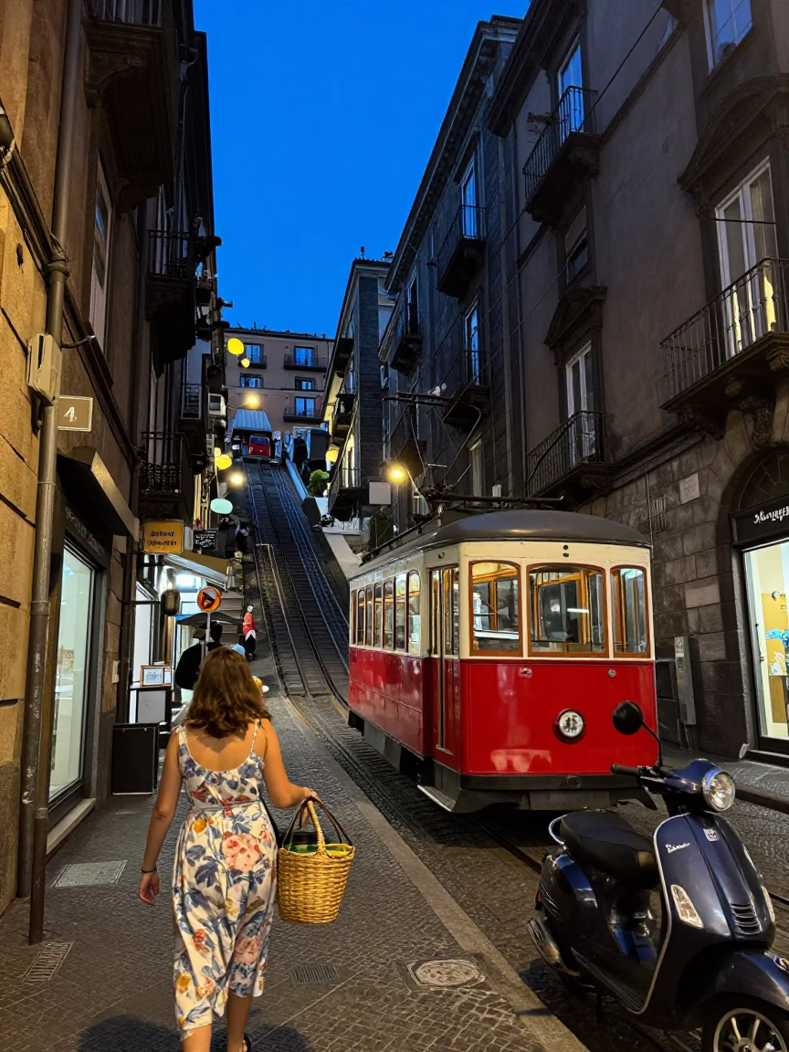 Twilight Street Scene in Naples Italy with Funicular Climbing Steep Hill and Local Life in in Naples, Italy