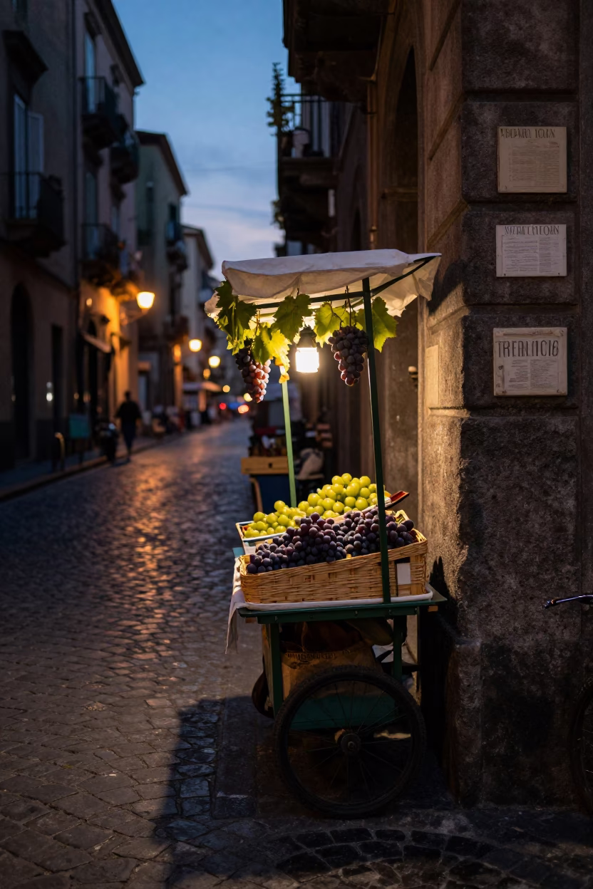 Twilight Street Scene in Naples Italy with Grapes and Local Market Activity in in Naples, Italy
