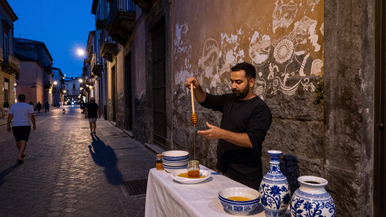 Twilight Street Scene in Naples Italy with Honey Dripper and Ceramic Pitcher in in Naples, Italy
