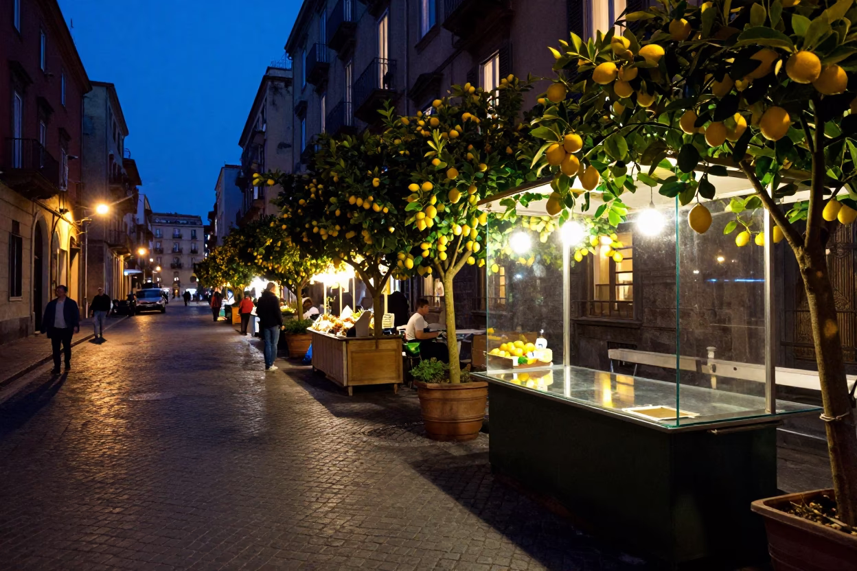 Twilight Street Scene in Naples Italy with Lemon Groves and Glass Countertops in in Naples, Italy