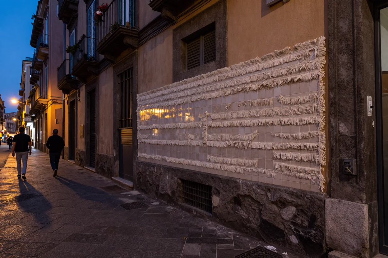 Twilight Street Scene in Naples Italy with Linen Fringe Tile Detail and Local Life in in Naples, Italy