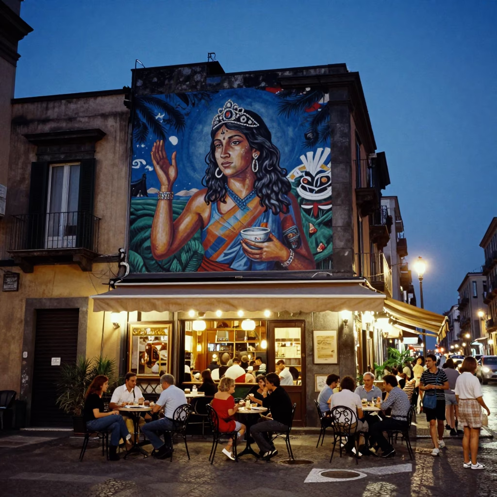 Twilight Street Scene in Naples Italy with Murals and Local Life in in Naples, Italy