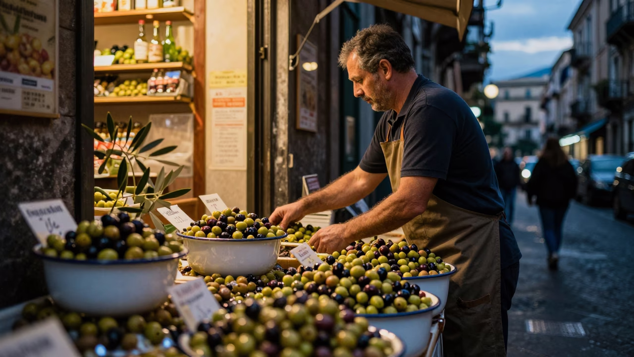 Twilight Street Scene in Naples Italy with Olives and Enamel Bowls in in Naples, Italy
