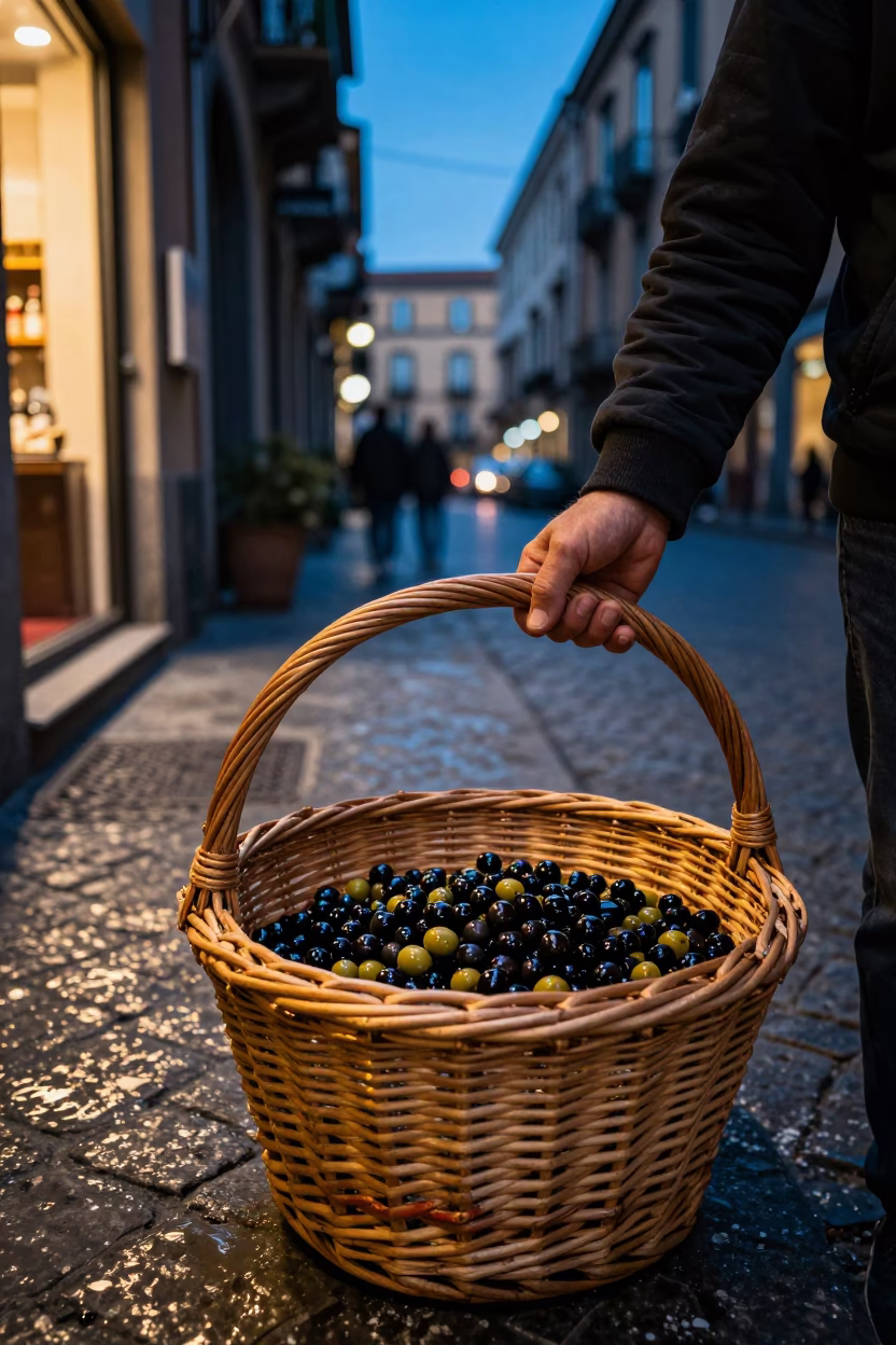 Twilight Street Scene in Naples Italy with Scrap Basket and Olives on Cobblestone in in Naples, Italy