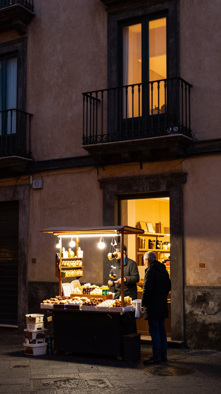 Twilight Street Scene in Naples Italy with Traditional Sweets and Local Architecture in in Naples, Italy