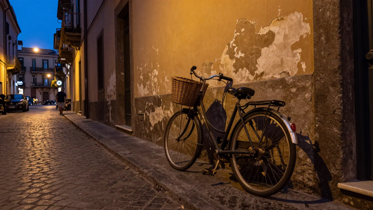 Twilight Street Scene in Naples Italy with Vintage Bicycle and Local Life in in Naples, Italy