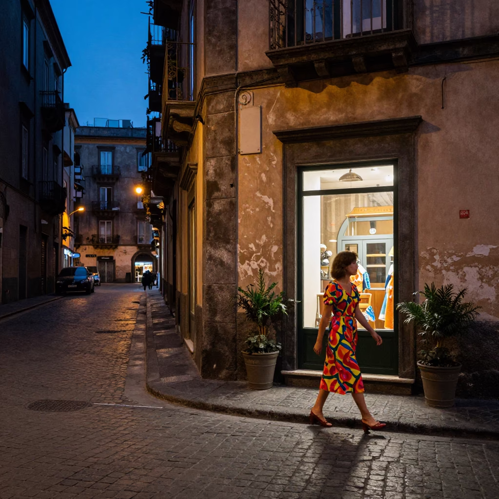 Twilight street scene in Naples Italy with vintage clothing and urban life in in Naples, Italy