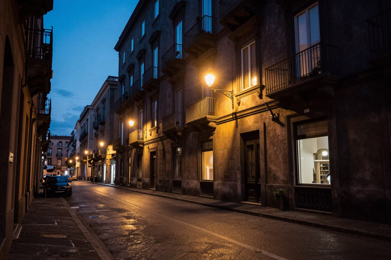 Twilight street scene in Naples Italy with window light reflecting on historic architecture in in Naples, Italy