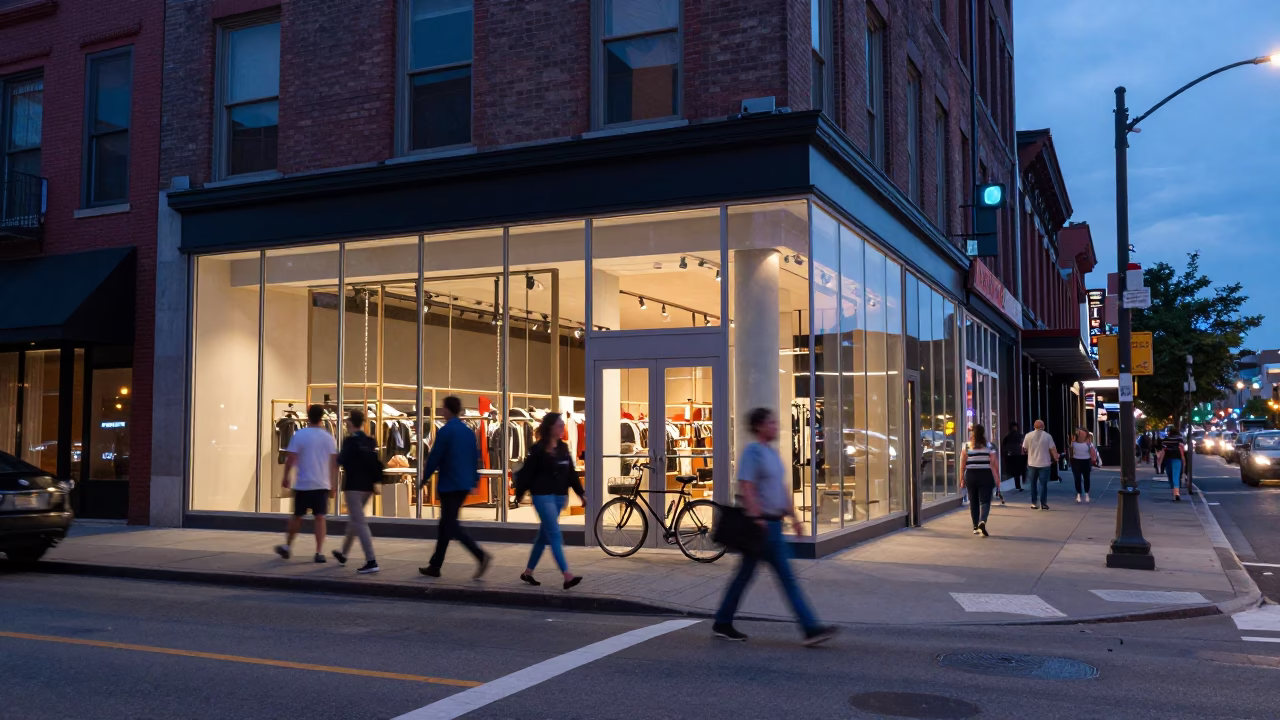 Twilight Street Scene in Nashville Tennessee Featuring Clear Glass Wall and Urban Activity in in Nashville, Tennessee, United States