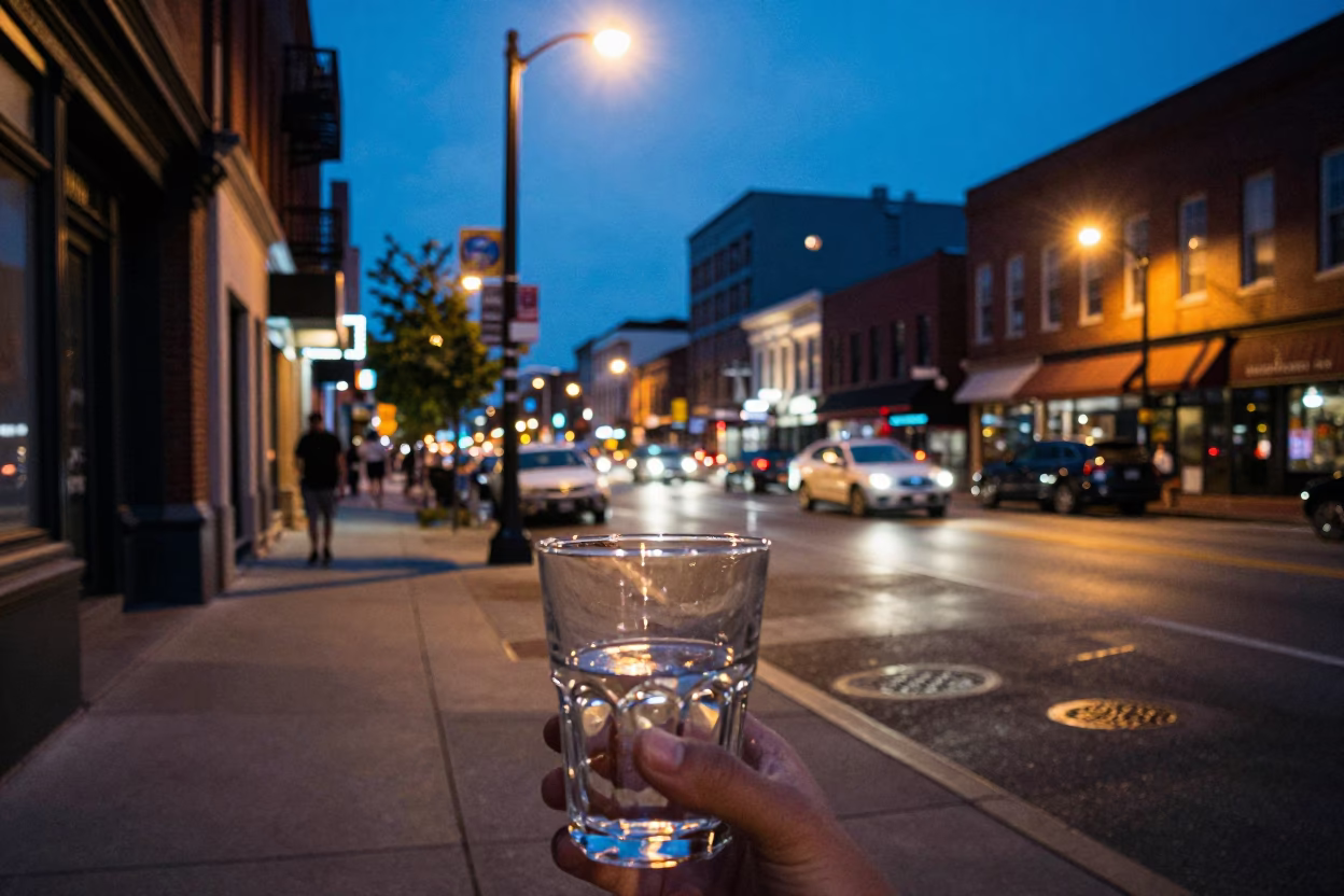 Twilight Street Scene in Nashville Tennessee with Glass Tumbler and Urban Details in in Nashville, Tennessee, United States