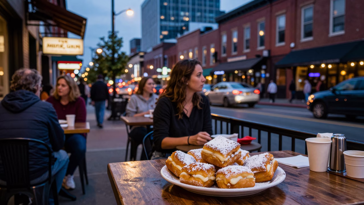 Twilight Street Scene in Nashville Tennessee with Local Food and Urban Elements in in Nashville, Tennessee, United States
