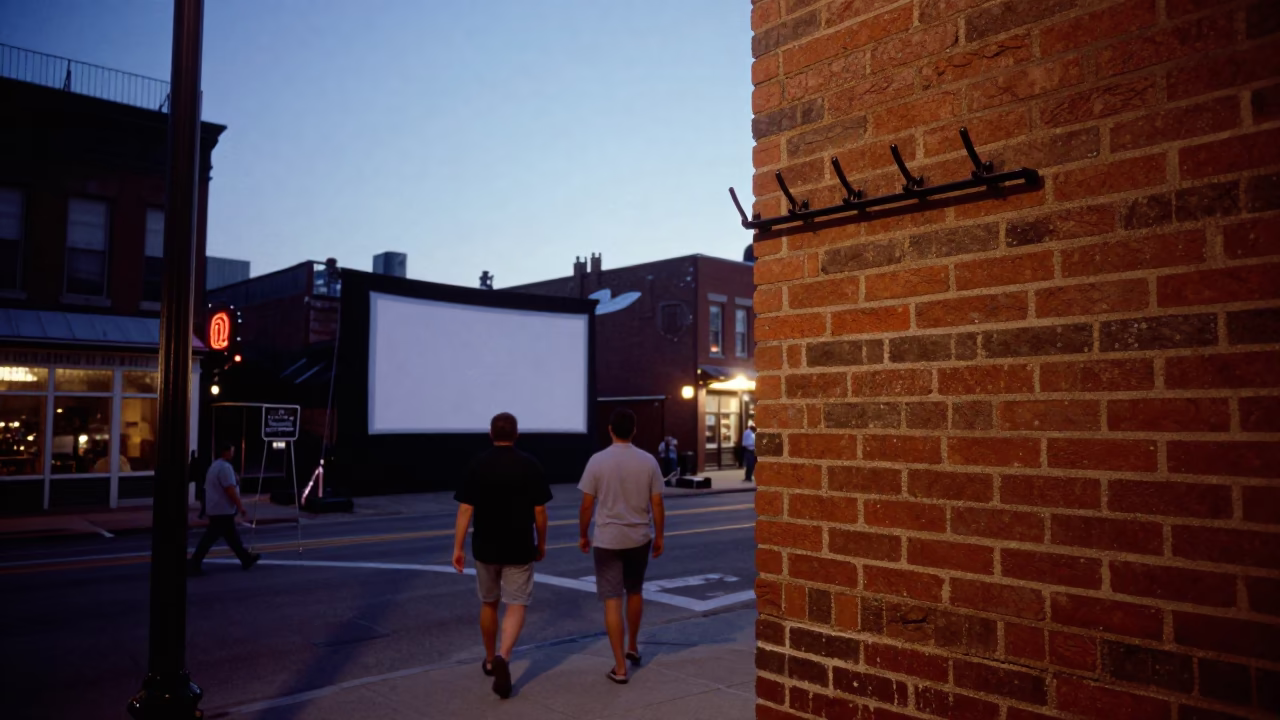 Twilight Street Scene in Nashville Tennessee with Outdoor Cinema and Urban Details in in Nashville, Tennessee, United States