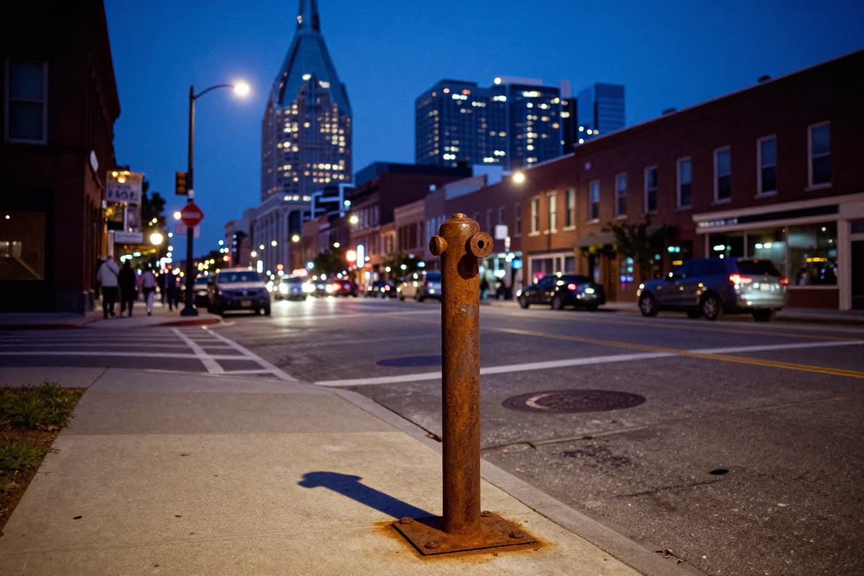 Twilight street scene in Nashville Tennessee with turnbuckle and urban details in in Nashville, Tennessee, United States