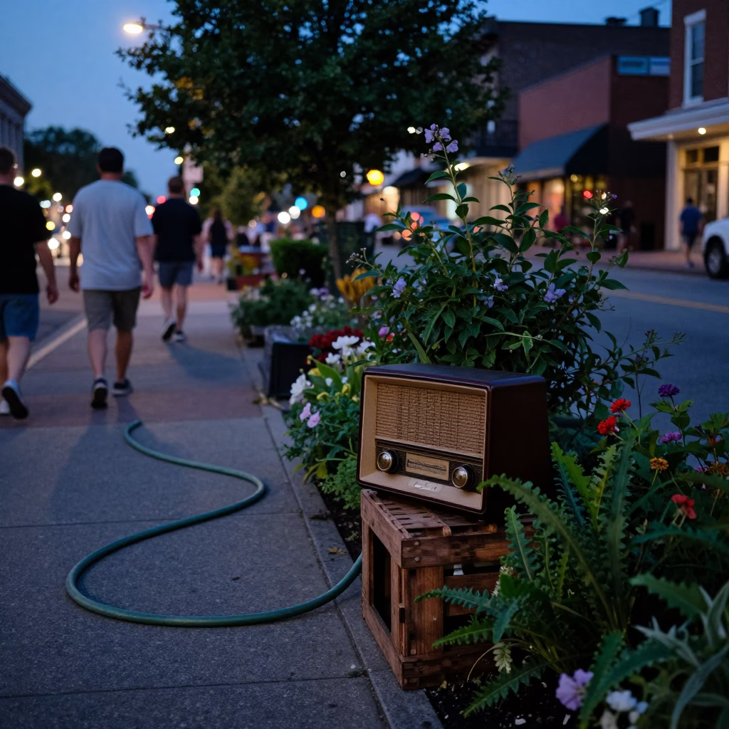 Twilight Street Scene in Nashville Tennessee with Vintage Radio and Garden Hose in in Nashville, Tennessee, United States