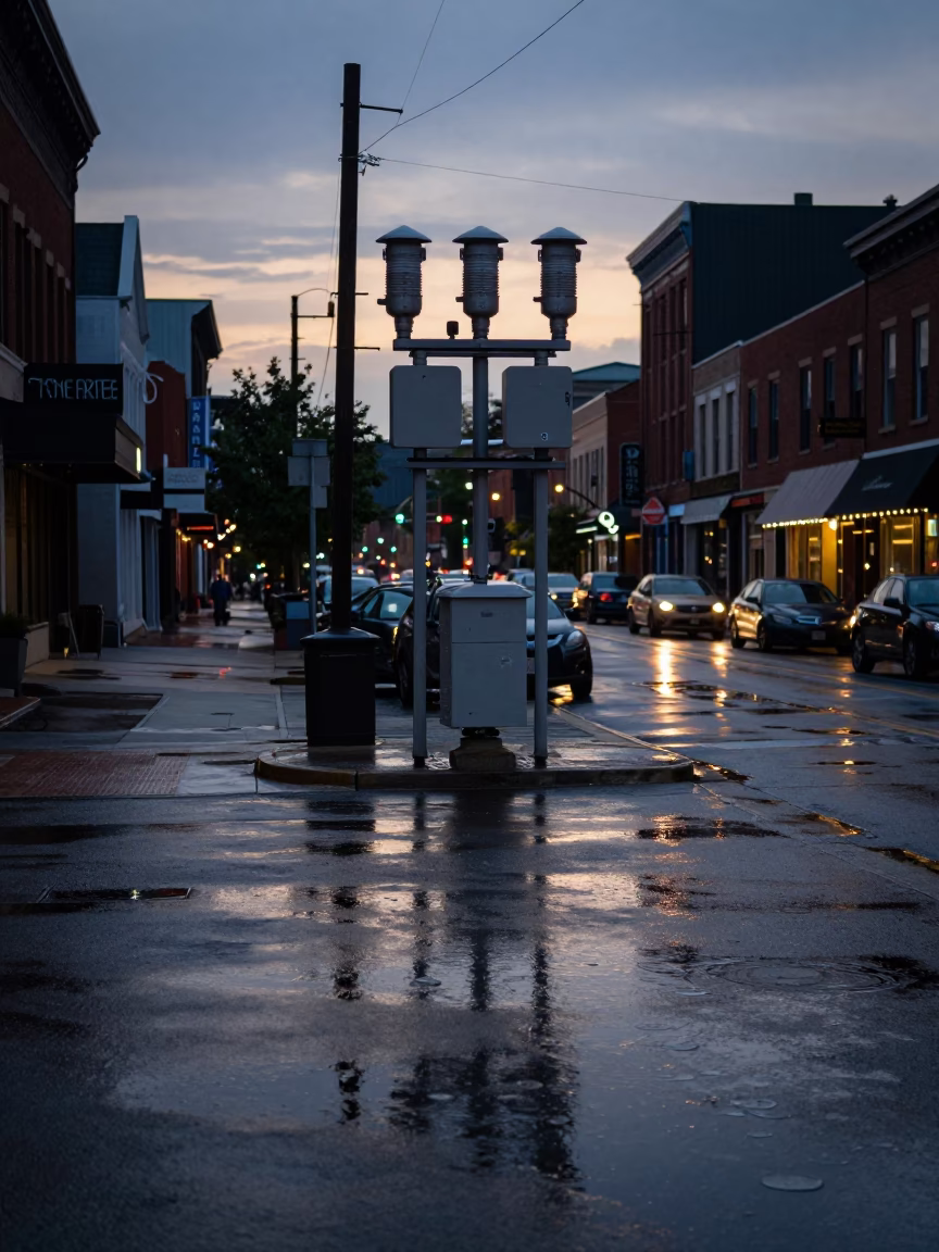 Twilight street scene in Nashville Tennessee with wet asphalt and urban reflections in in Nashville, Tennessee, United States
