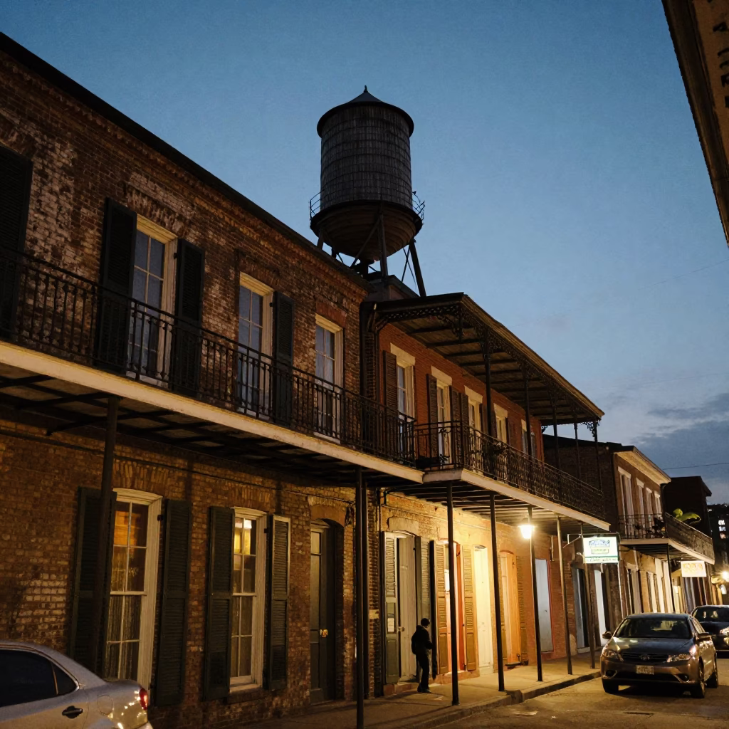 Twilight Street Scene in New Orleans Louisiana Featuring Balconies and Water Tower in in New Orleans, Louisiana, United States