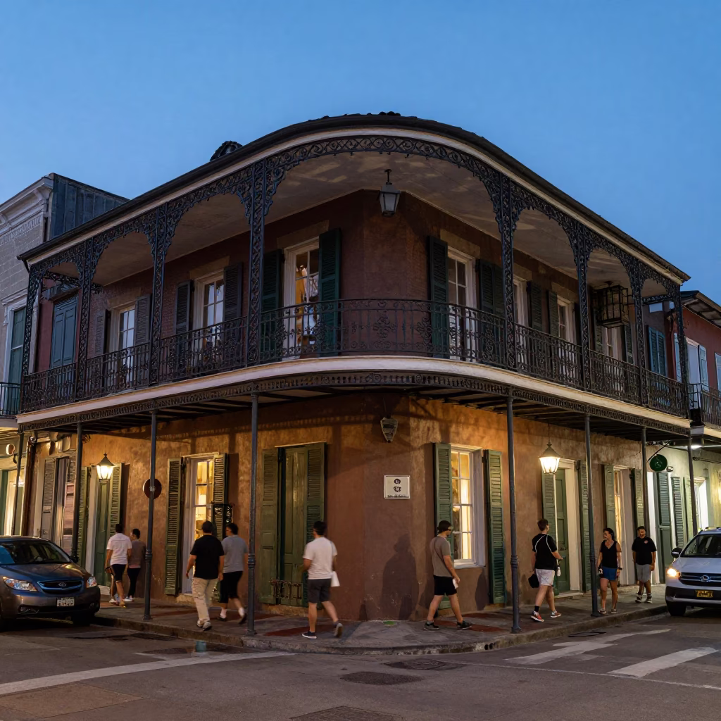 Twilight Street Scene in New Orleans Louisiana with Balcony and Ironwork in in New Orleans, Louisiana, United States