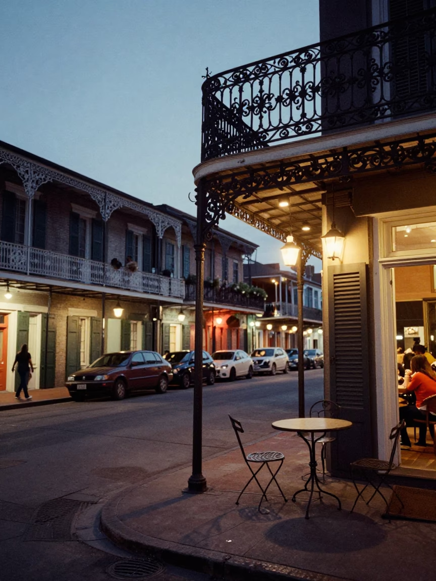 Twilight Street Scene in New Orleans Louisiana with Balcony Railings and Sizzling Pan in in New Orleans, Louisiana, United States