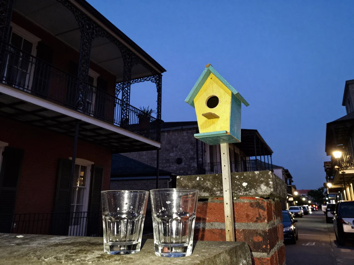 Twilight Street Scene in New Orleans Louisiana with Birdhouse and Glass Tumblers in in New Orleans, Louisiana, United States
