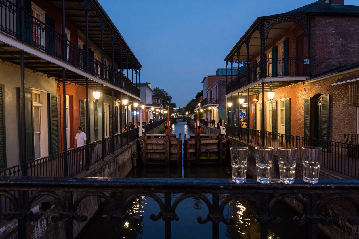 Twilight Street Scene in New Orleans Louisiana with Glass Tumblers and Canal Locks in in New Orleans, Louisiana, United States