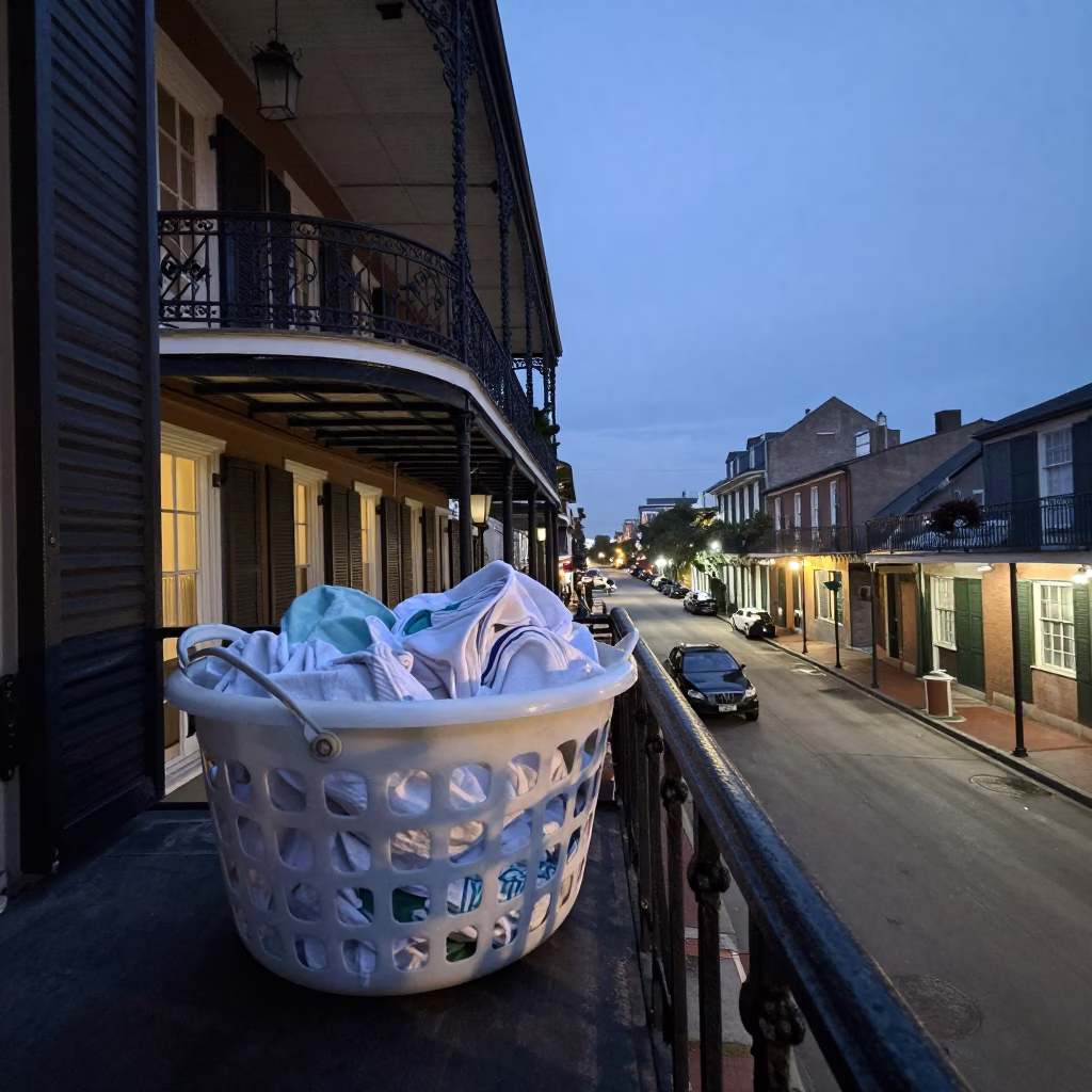Twilight Street Scene in New Orleans Louisiana with Laundry Basket and Glass Tumbler in in New Orleans, Louisiana, United States