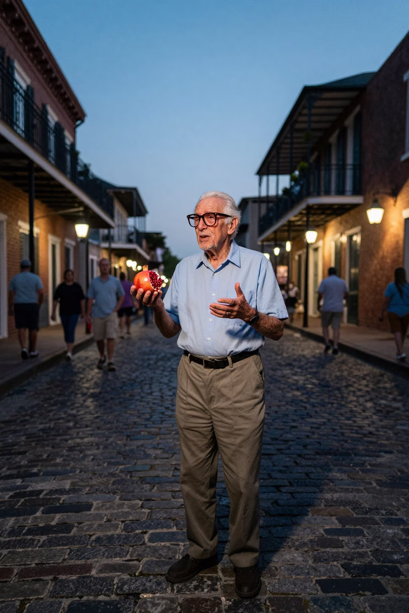 Twilight Street Scene in New Orleans Louisiana with Retired Astronomer and Pomegranate in in New Orleans, Louisiana, United States