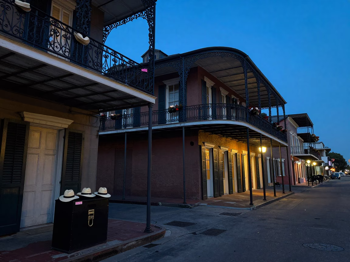 Twilight Street Scene in New Orleans Louisiana with Sun Hats and Lockbox in in New Orleans, Louisiana, United States