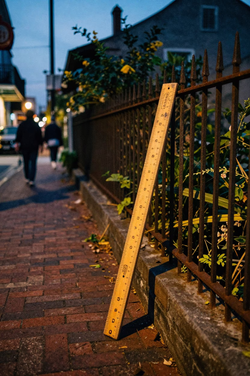 Twilight Street Scene in New Orleans Louisiana with Wooden Ruler and Garden Hose in in New Orleans, Louisiana, United States