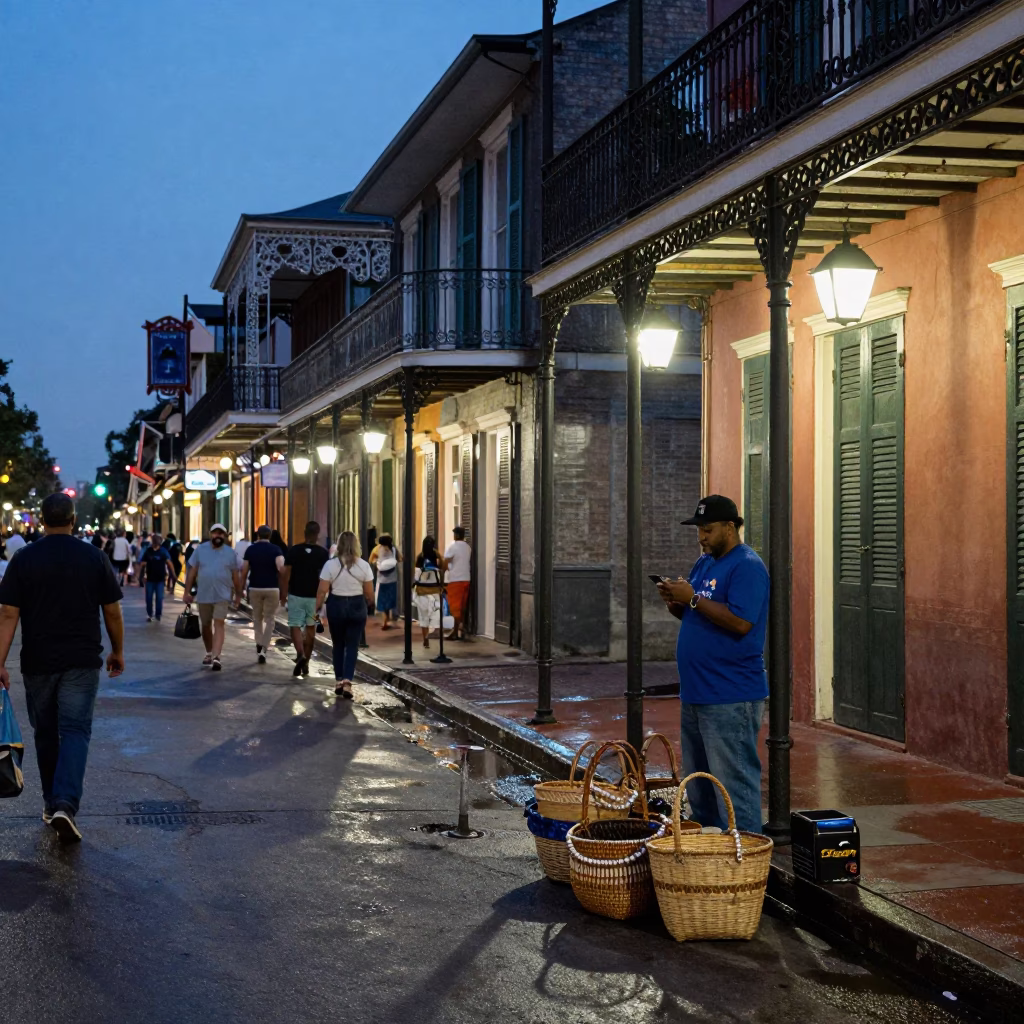 Twilight Street Scene in New Orleans Louisiana with Woven Baskets and Pearl Necklaces in in New Orleans, Louisiana, United States