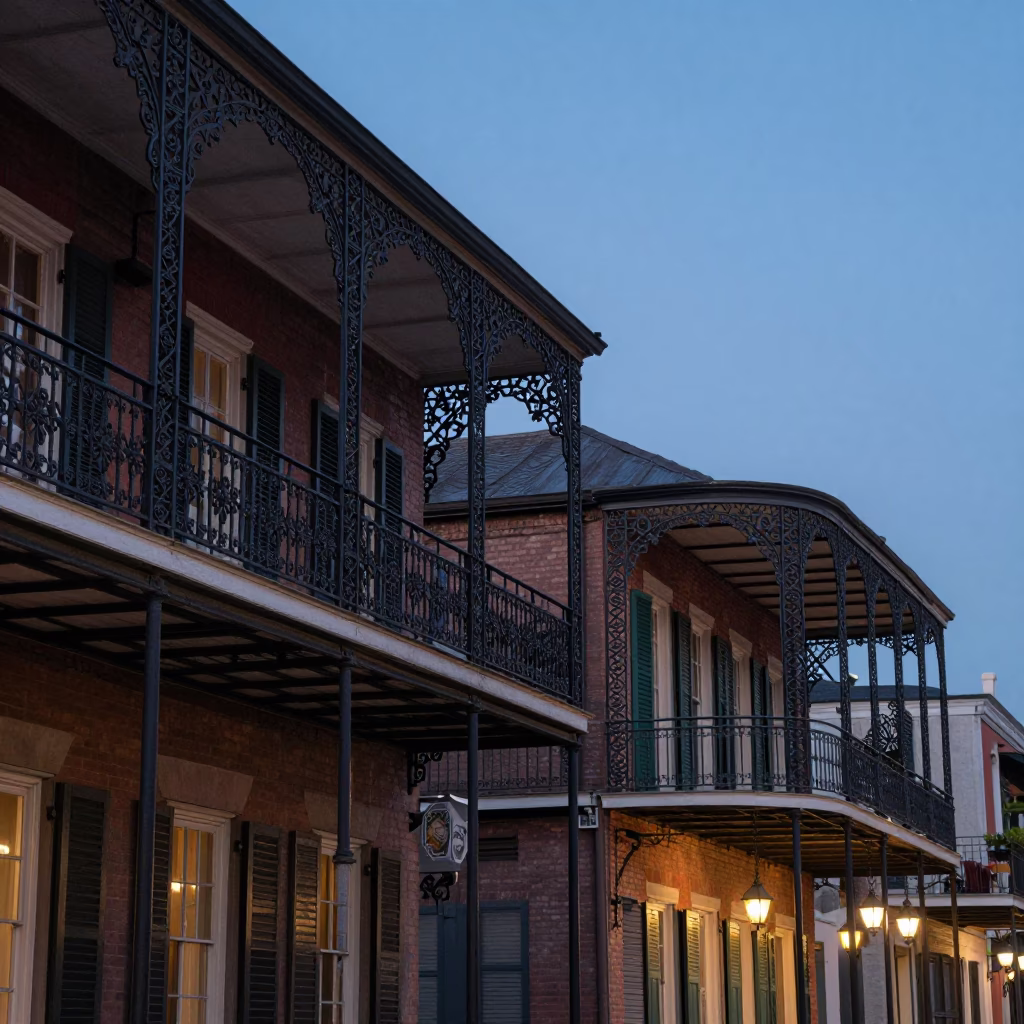 Twilight Street Scene in New Orleans Louisiana with Wrought Iron Balconies and Cobblestone in in New Orleans, Louisiana, United States