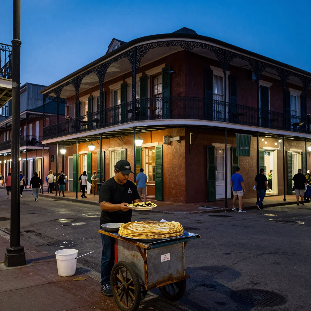 Twilight street scene in New Orleans Louisiana with wrought iron balconies and street vendors in in New Orleans, Louisiana, United States