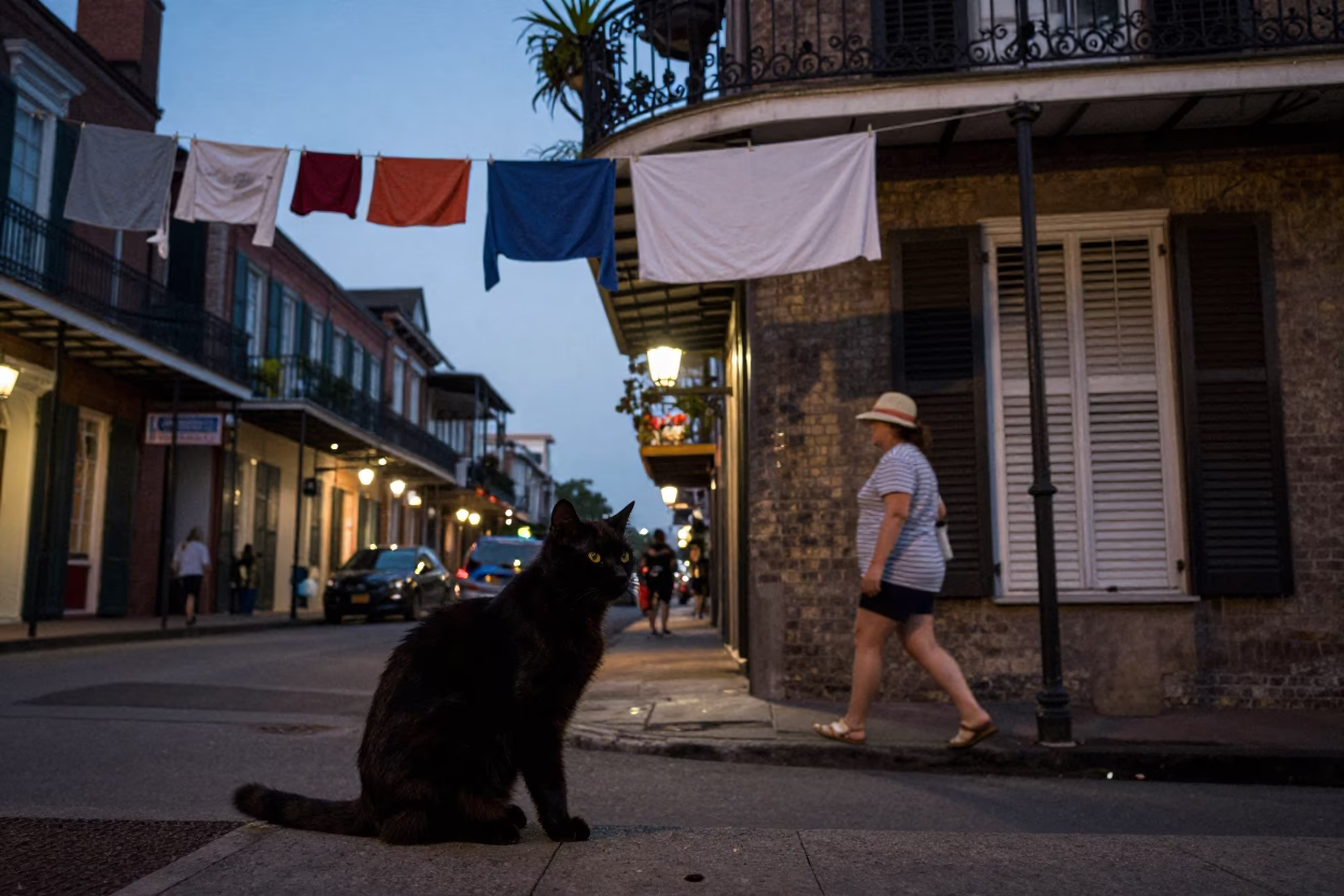 Twilight Street Scene in New Orleans with Cat and Hanging Laundry in in New Orleans, Louisiana, United States