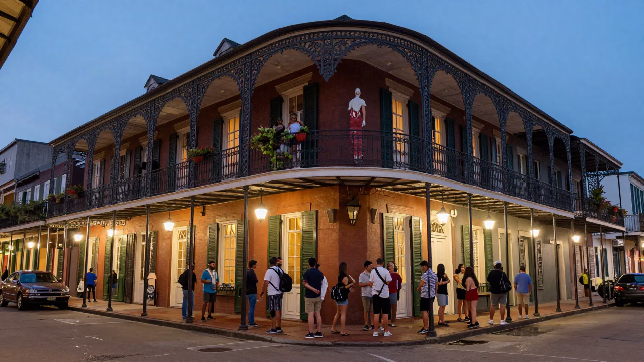 Twilight Street Scene in New Orleans with Iron Balconies and Casual Social Interaction in in New Orleans, Louisiana, United States