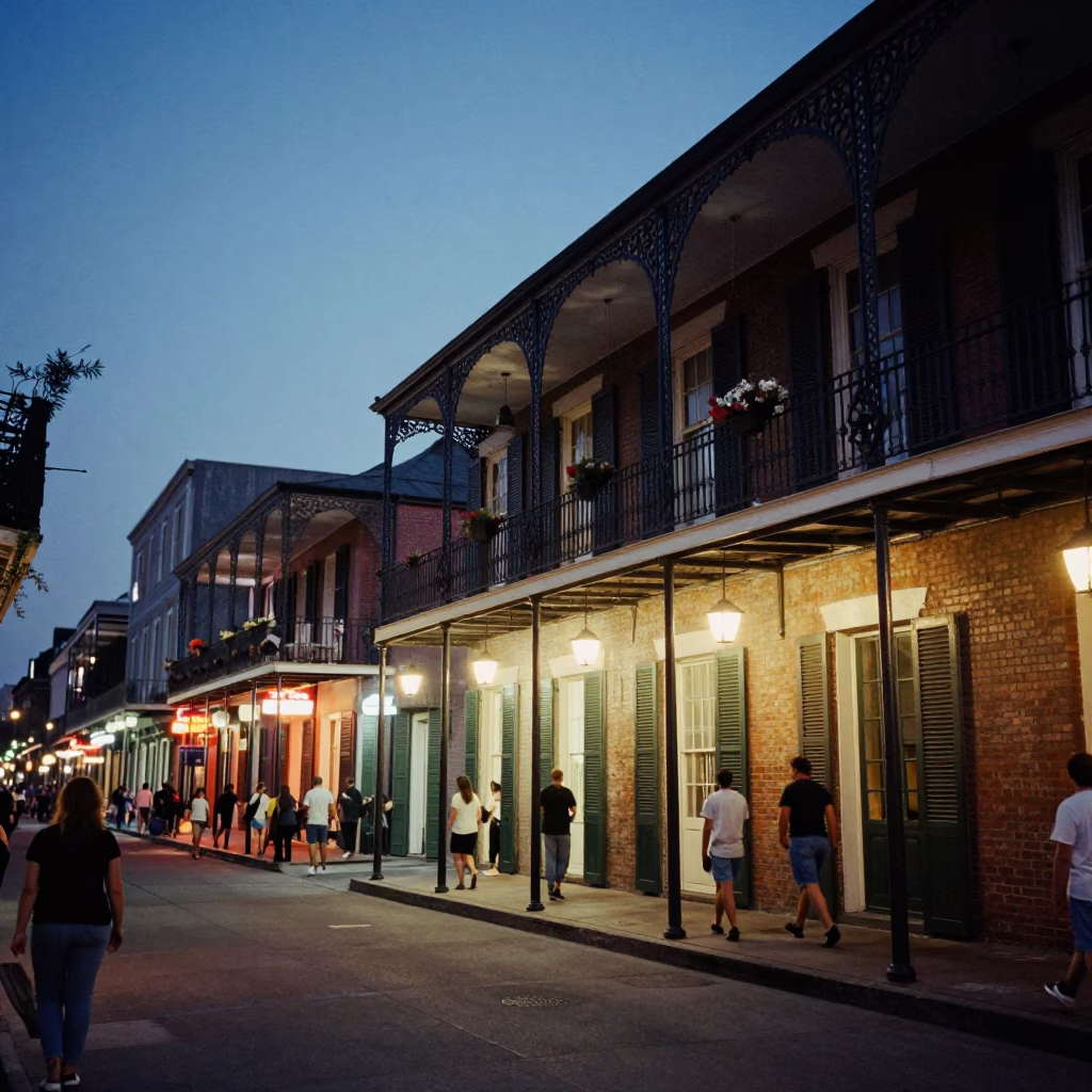 Twilight Street Scene in New Orleans with Iron Balconies and Neon Signs in in New Orleans, Louisiana, United States