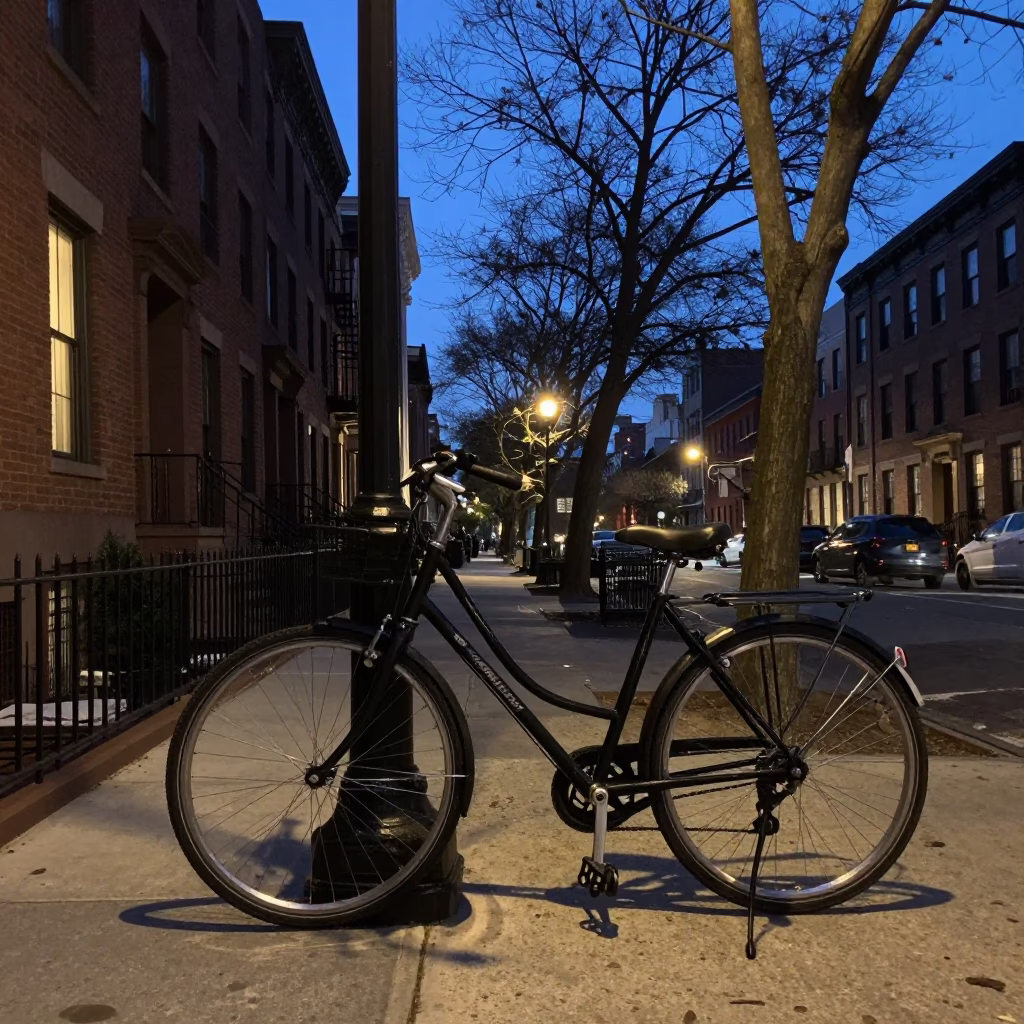 Twilight Street Scene in New York City Featuring a Parked Bicycle and Urban Infrastructure in in New York, New York, United States