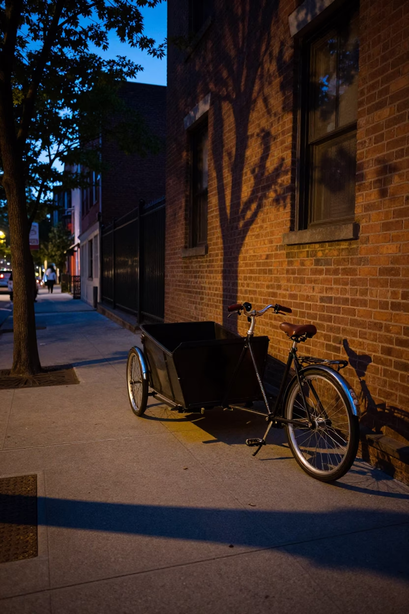 Twilight Street Scene in New York City Featuring Vintage Cargo Bicycle and Urban Details in in New York, New York, United States
