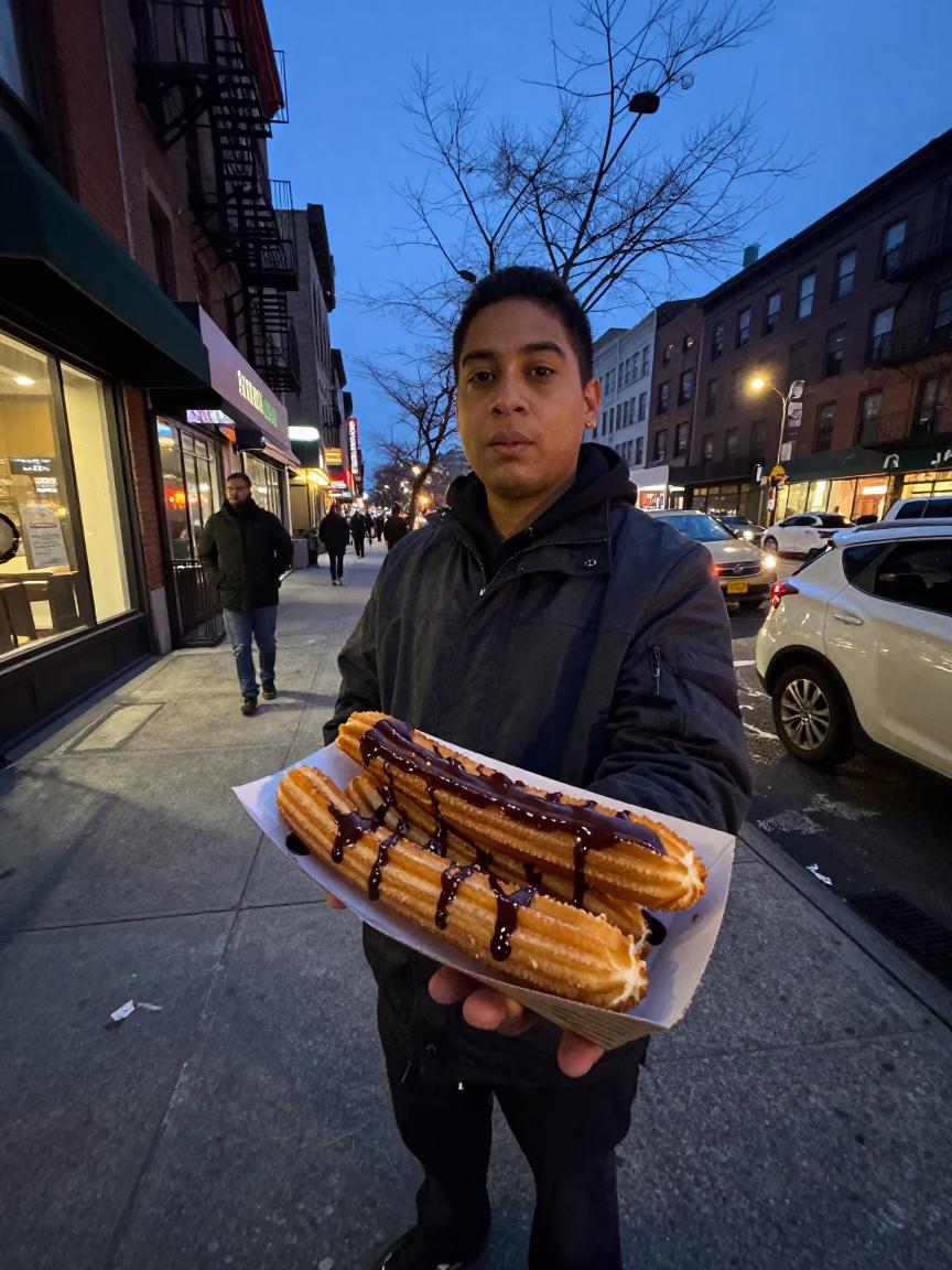 Twilight Street Scene in New York City with Churros and Urban Architecture in in New York, New York, United States