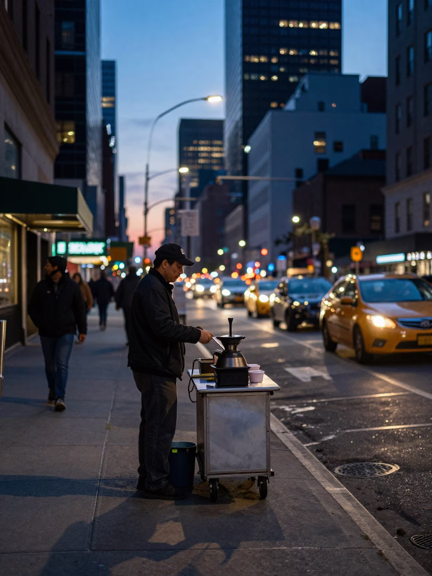 Twilight Street Scene in New York City with Coffee Grinder and Sardines in in New York, New York, United States