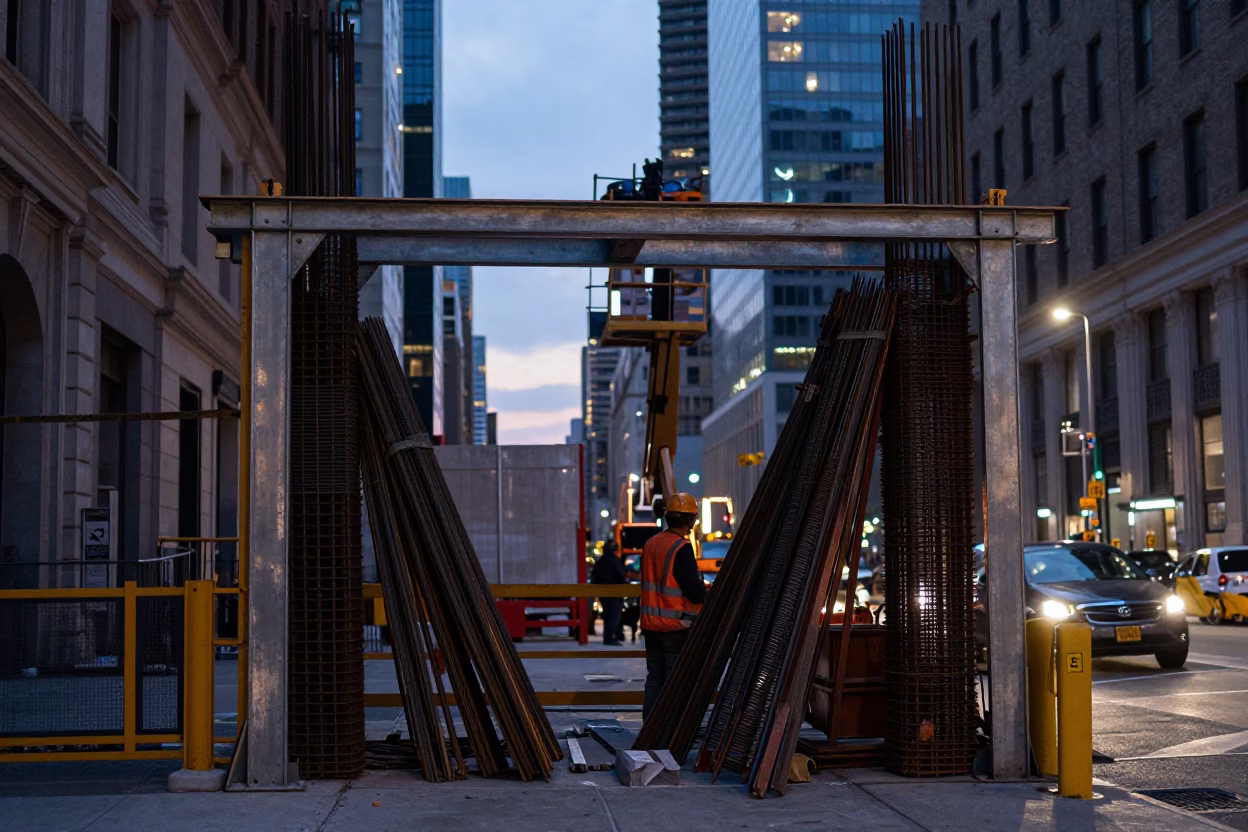 Twilight Street Scene in New York City with Construction Elevator Gate and Rebar Bundles in in New York, New York, United States