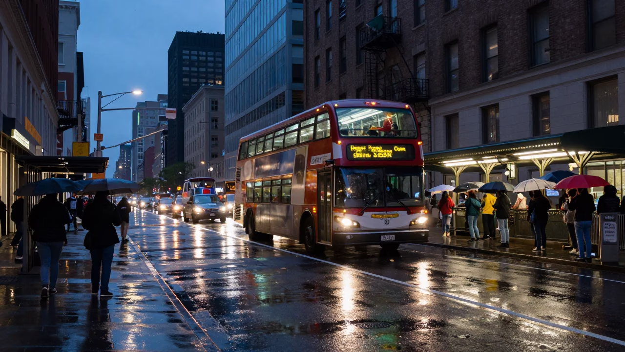 Twilight Street Scene in New York City with Double Decker Bus at Rainy Stop in in New York, New York, United States