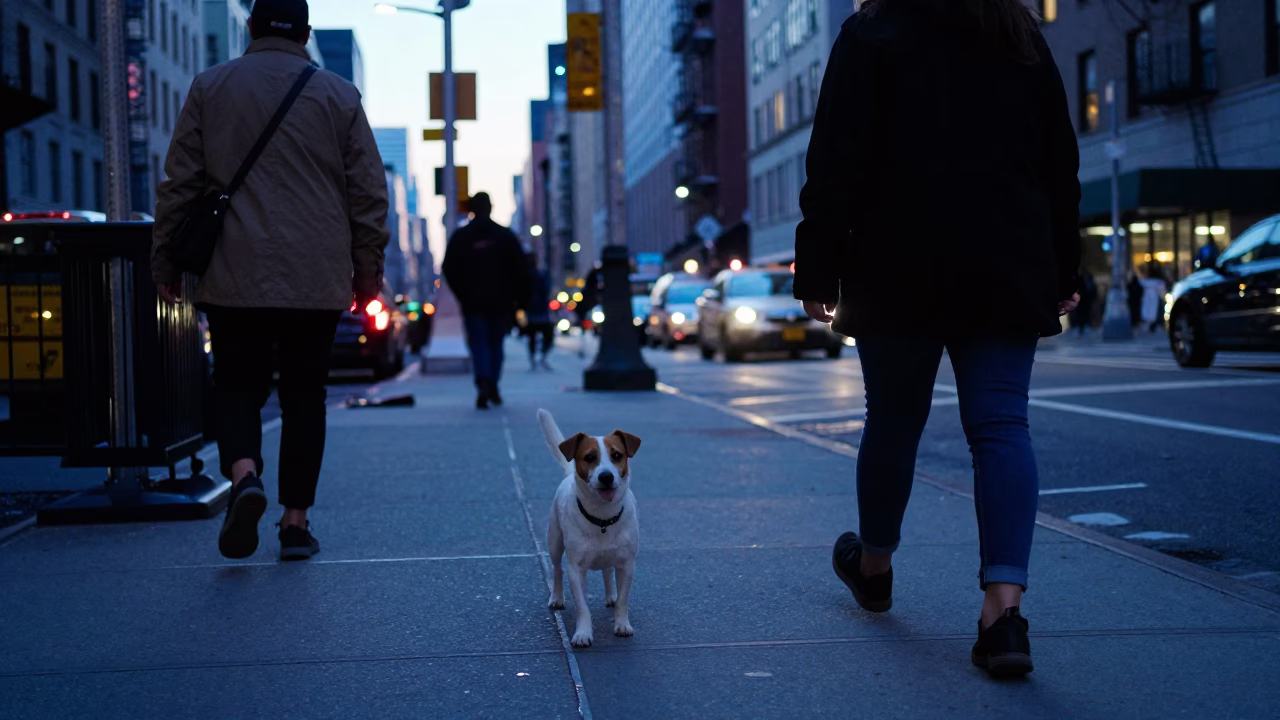 Twilight Street Scene in New York City with Parson Russell Terrier and Urban Details in in New York, New York, United States
