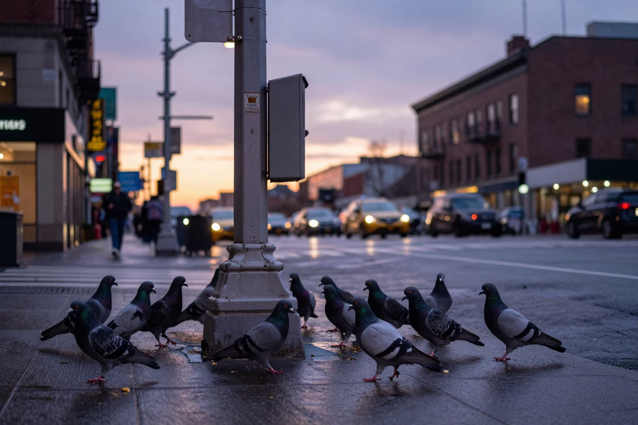 Twilight Street Scene in New York City with Pigeons and Urban Lockbox in in New York, New York, United States