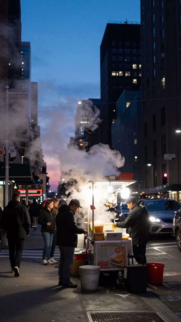 Twilight Street Scene in New York City with Steam and Urban Activity in in New York, New York, United States