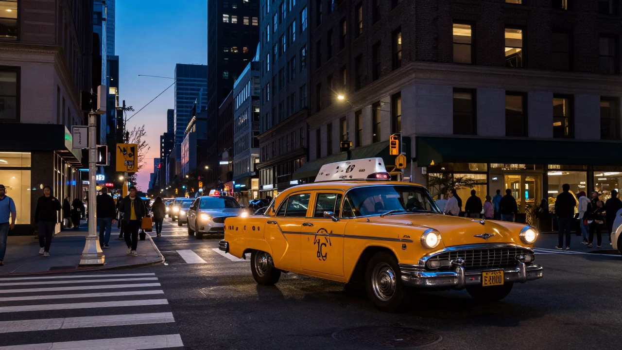 Twilight Street Scene in New York City with Vintage Car and Pedestrians in in New York, New York, United States